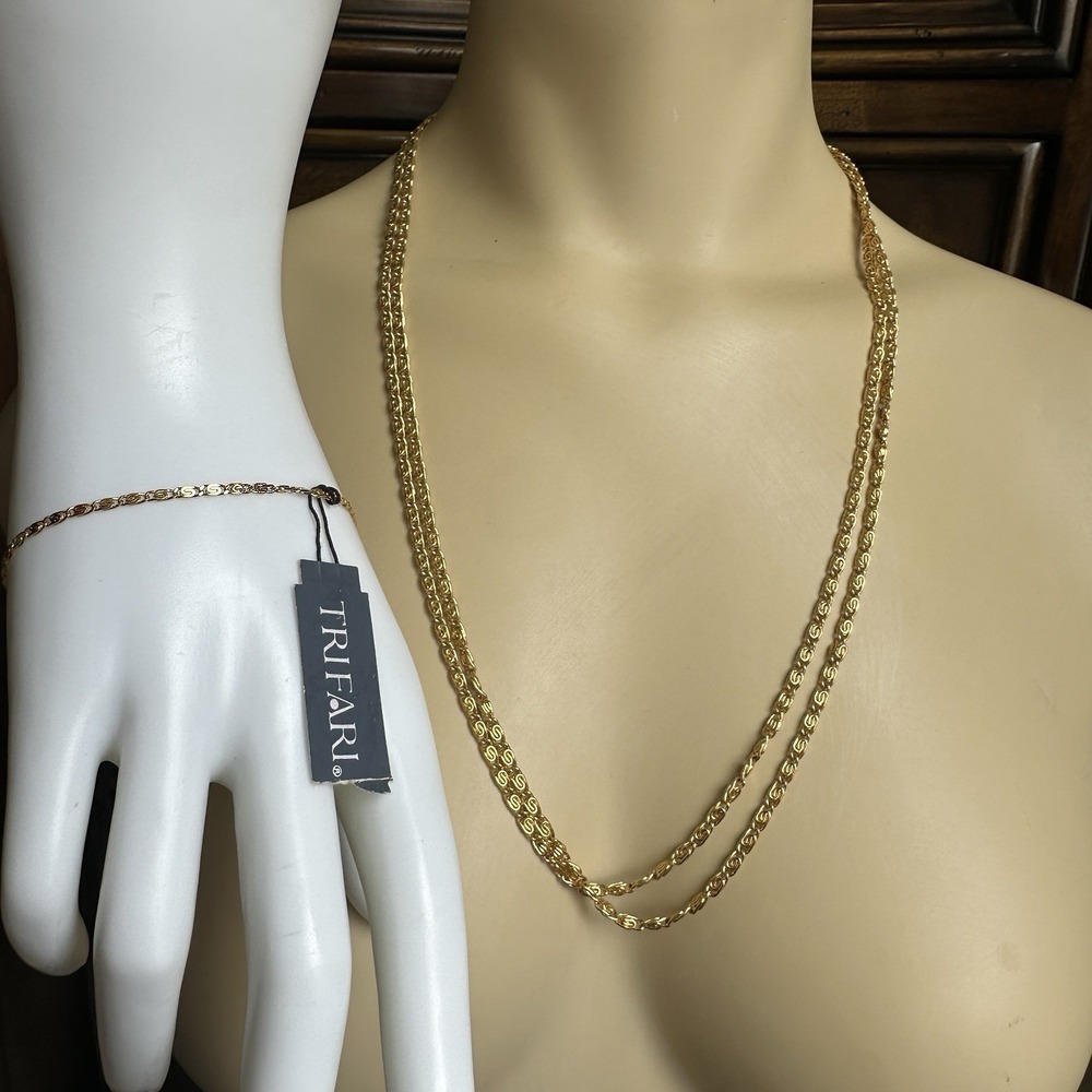 VTG Crown Trifari Paper Clip Chain Long Necklace 50 Inch Bracelet Set Gold Plate - Picture 4 of 10